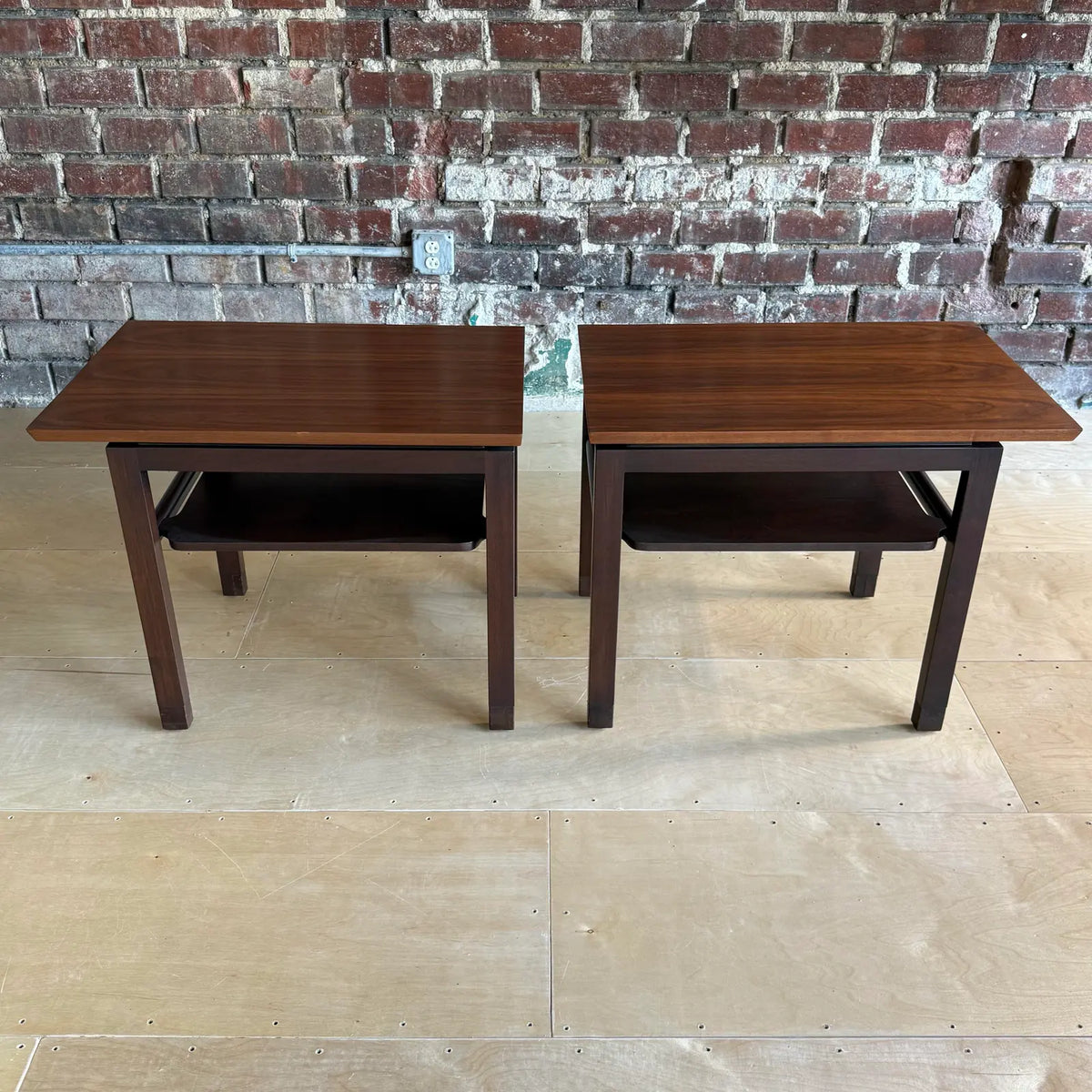 Pair of Dunbar Walnut and Mahogany Side Tables With Leather Capped Feet