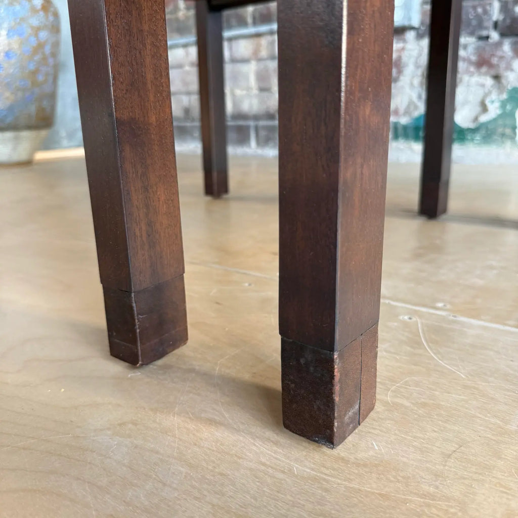 Pair of Dunbar Walnut and Mahogany Side Tables With Leather Capped Feet