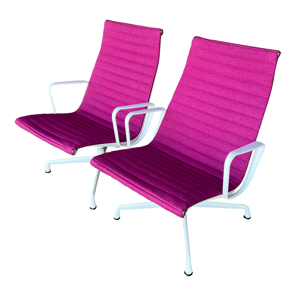 Pair of Eames Herman Miller Aluminum Group Lounge Chairs White Frames and Pink Fabric