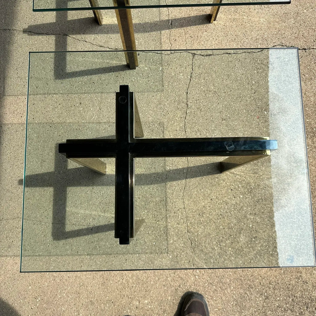 Pair of Glass and Brass and Smoked Chrome Solid Steel Side Tables