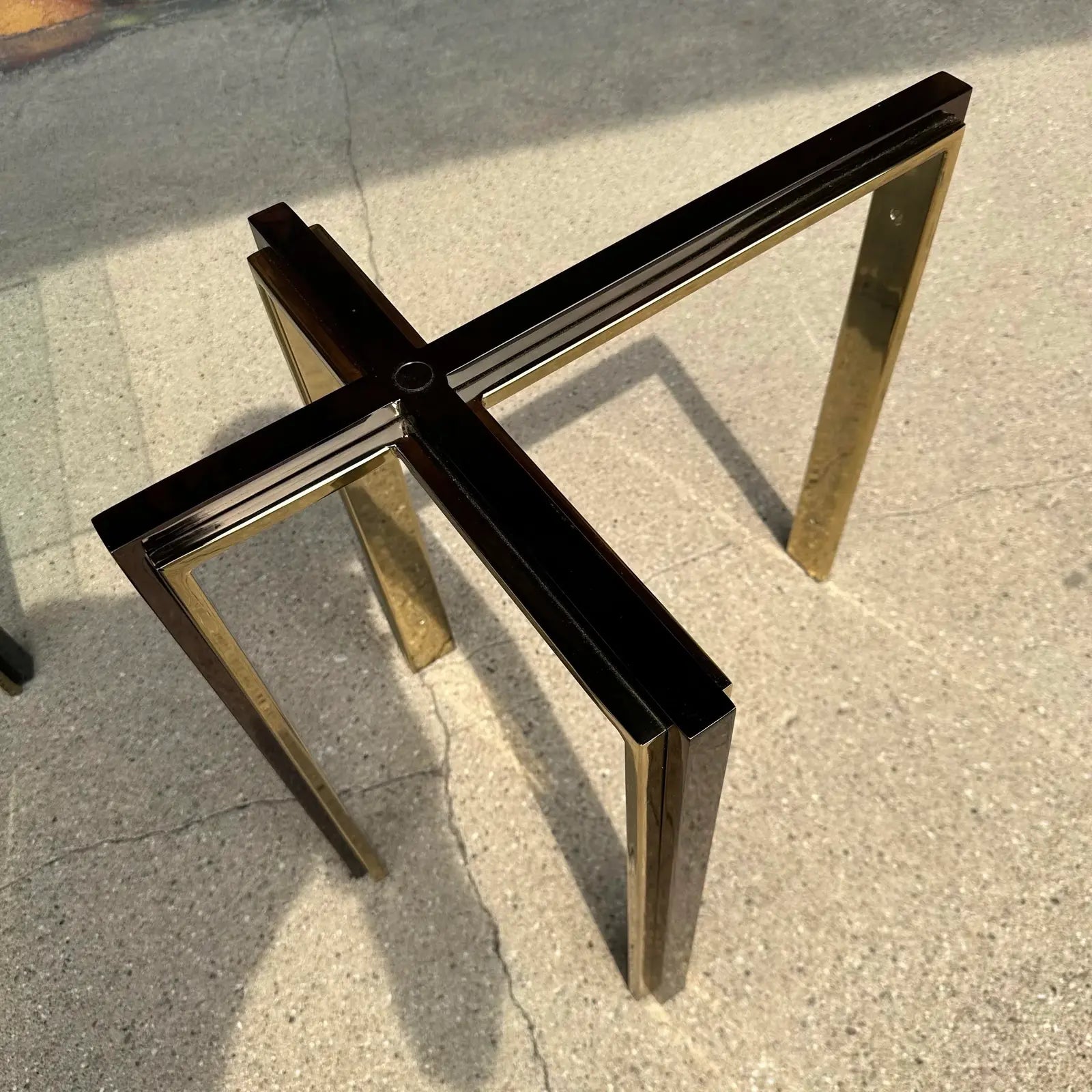 Pair of Glass and Brass and Smoked Chrome Solid Steel Side Tables