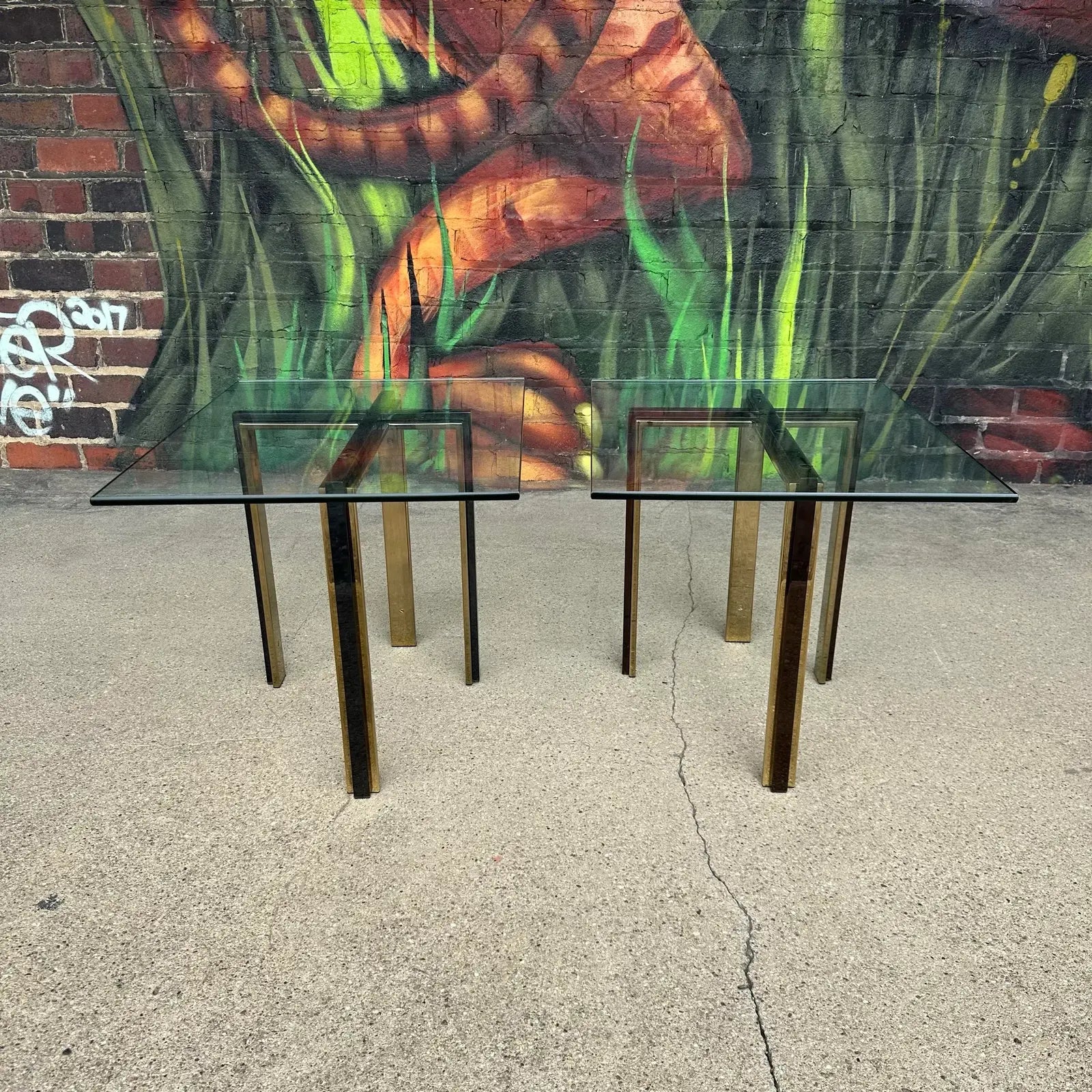 Pair of Glass and Brass and Smoked Chrome Solid Steel Side Tables