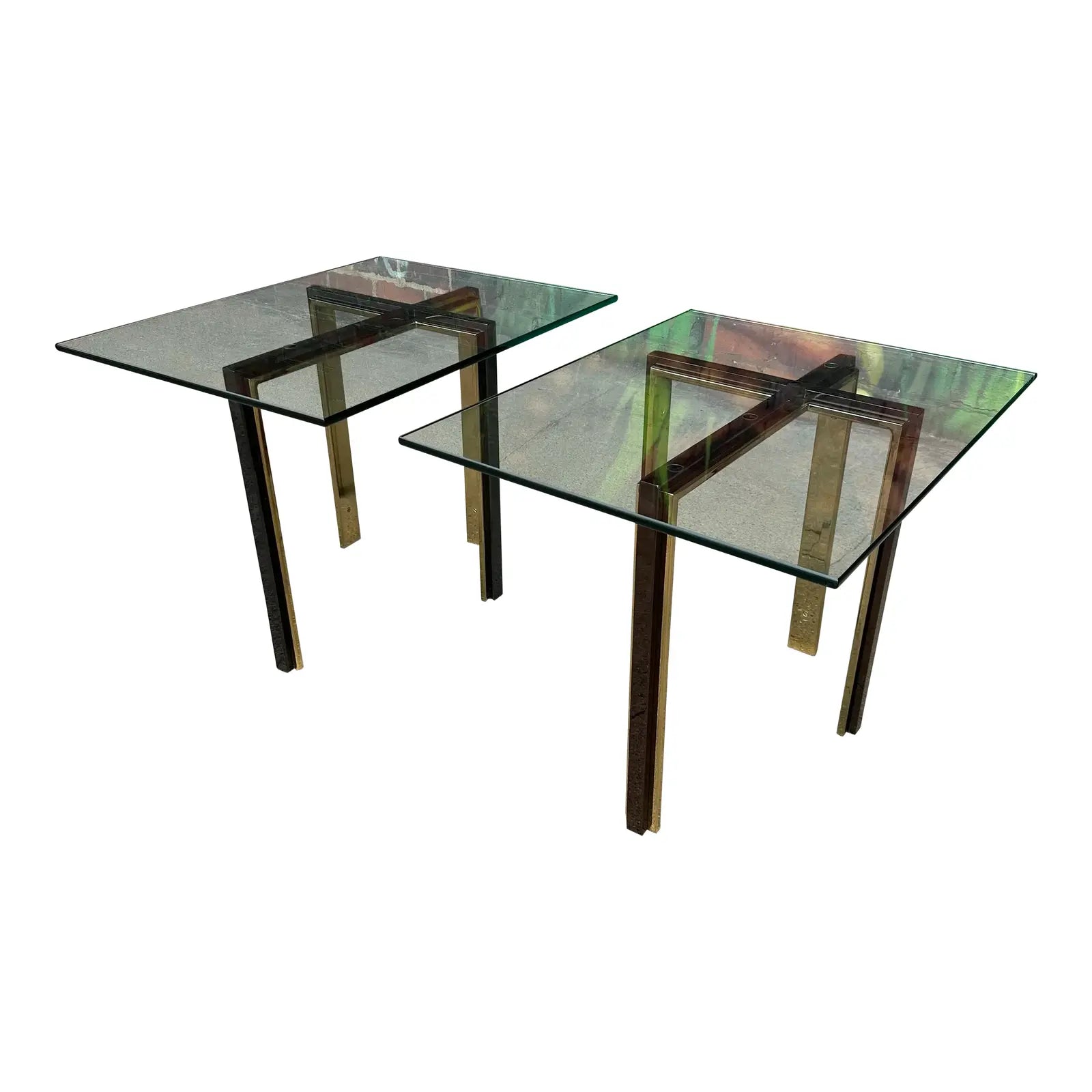 Pair of Glass and Brass and Smoked Chrome Solid Steel Side Tables