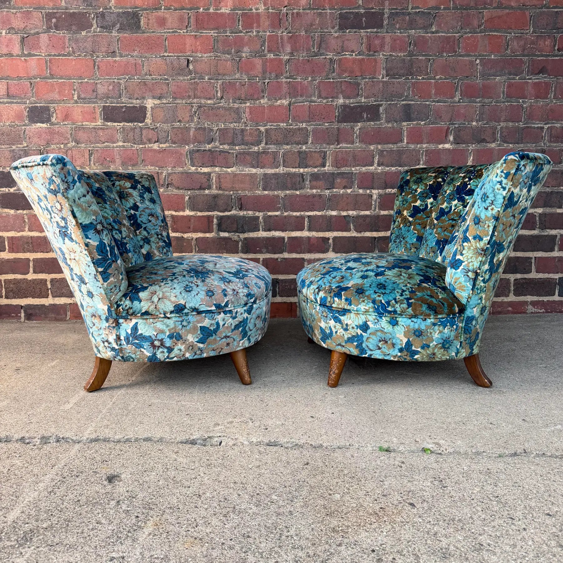 Pair of Late 40s Floral Slipper Chairs in the Style of Gilbert Rhode