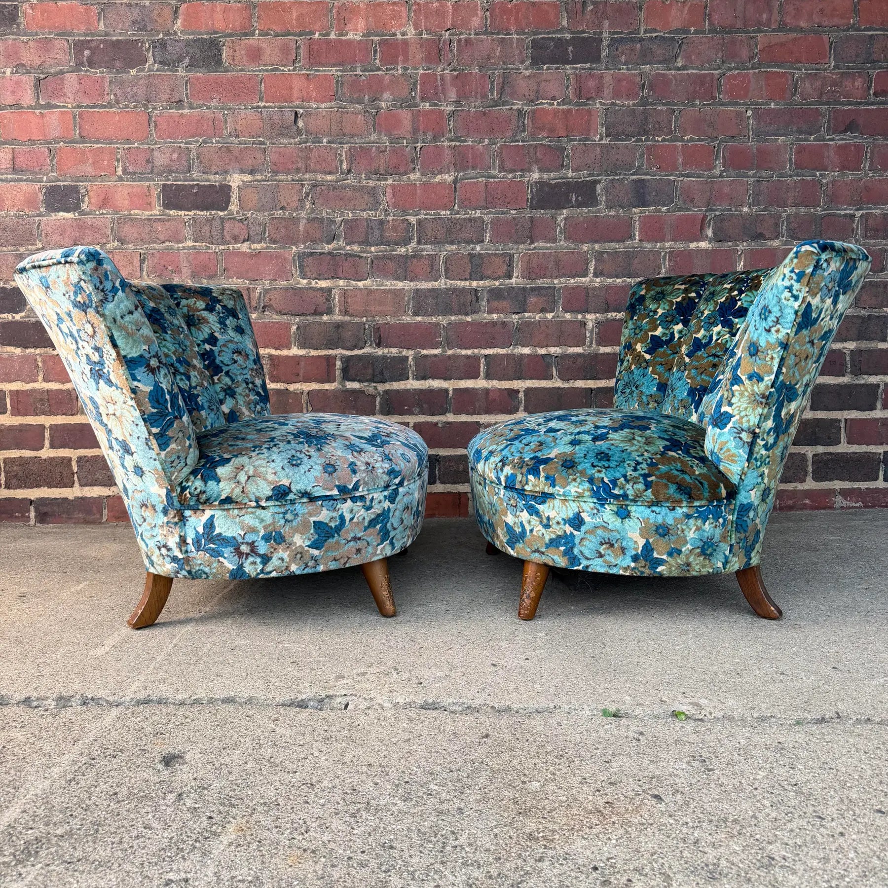 Pair of Late 40s Floral Slipper Chairs in the Style of Gilbert Rhode