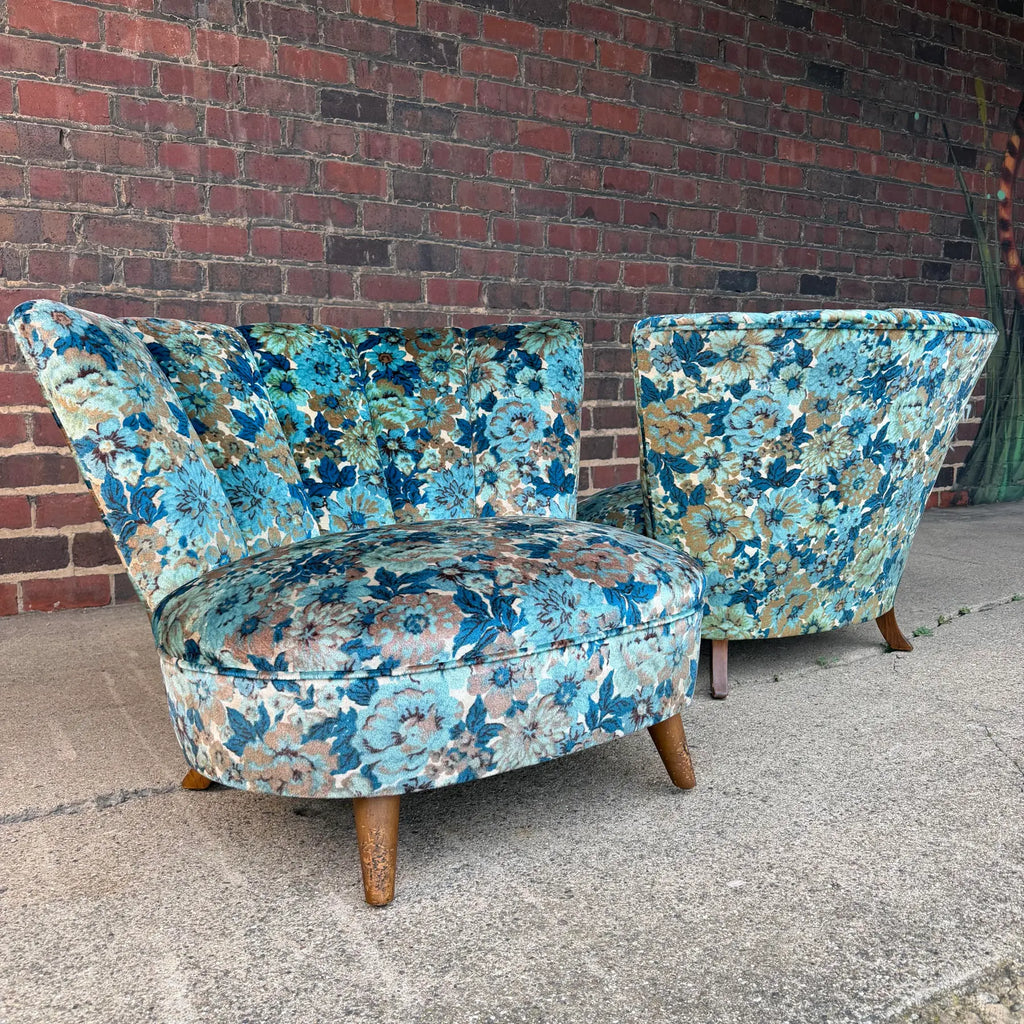 Pair of Late 40s Floral Slipper Chairs in the Style of Gilbert Rhode