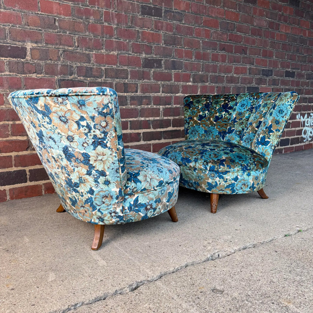 Pair of Late 40s Floral Slipper Chairs in the Style of Gilbert Rhode