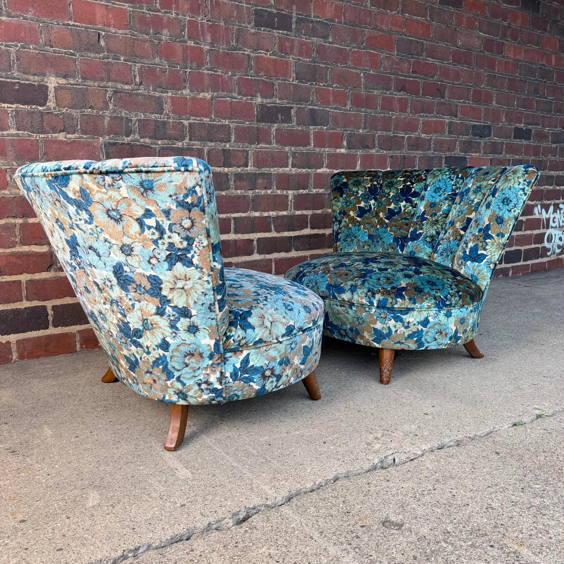 Pair of Late 40s Floral Slipper Chairs in the Style of Gilbert Rhode