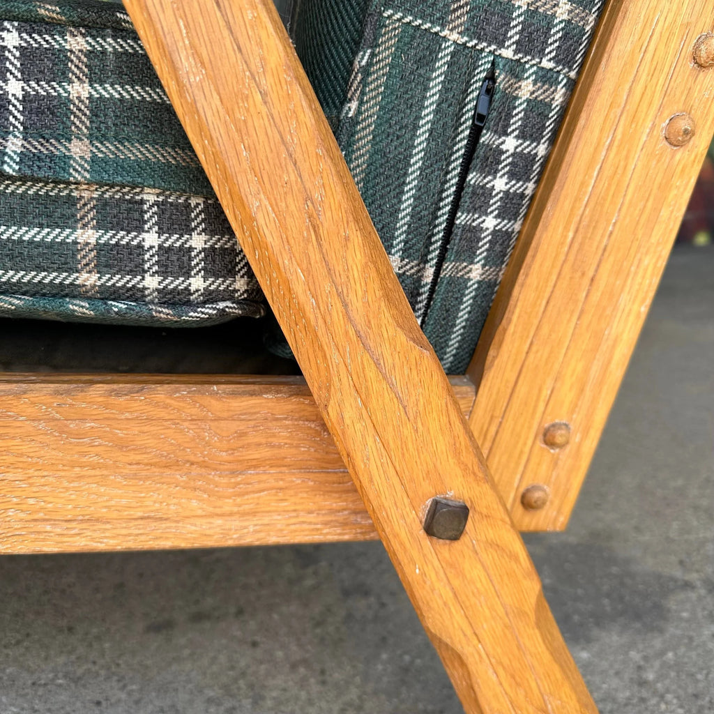 Pair of Ranch Oak Lounge Chairs Reupholstered in Plaid From Pindler