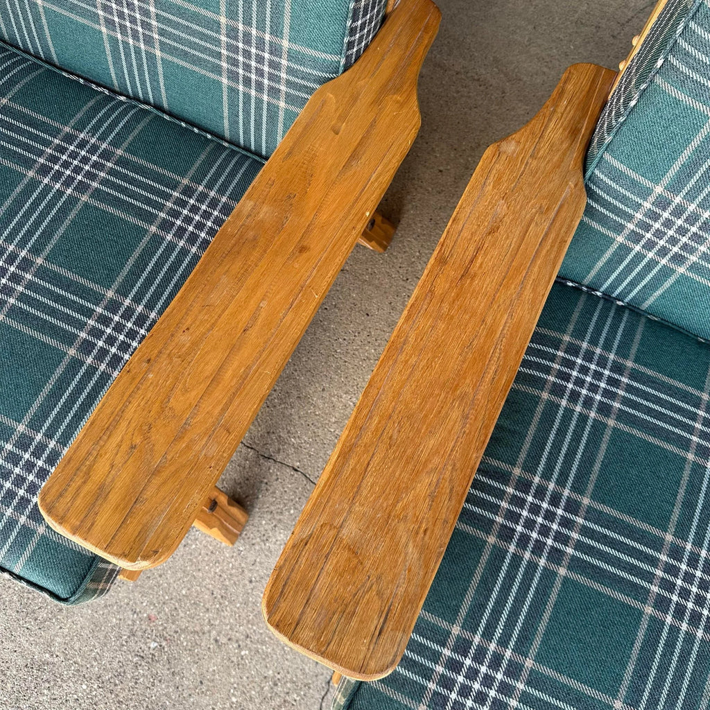 Pair of Ranch Oak Lounge Chairs Reupholstered in Plaid From Pindler