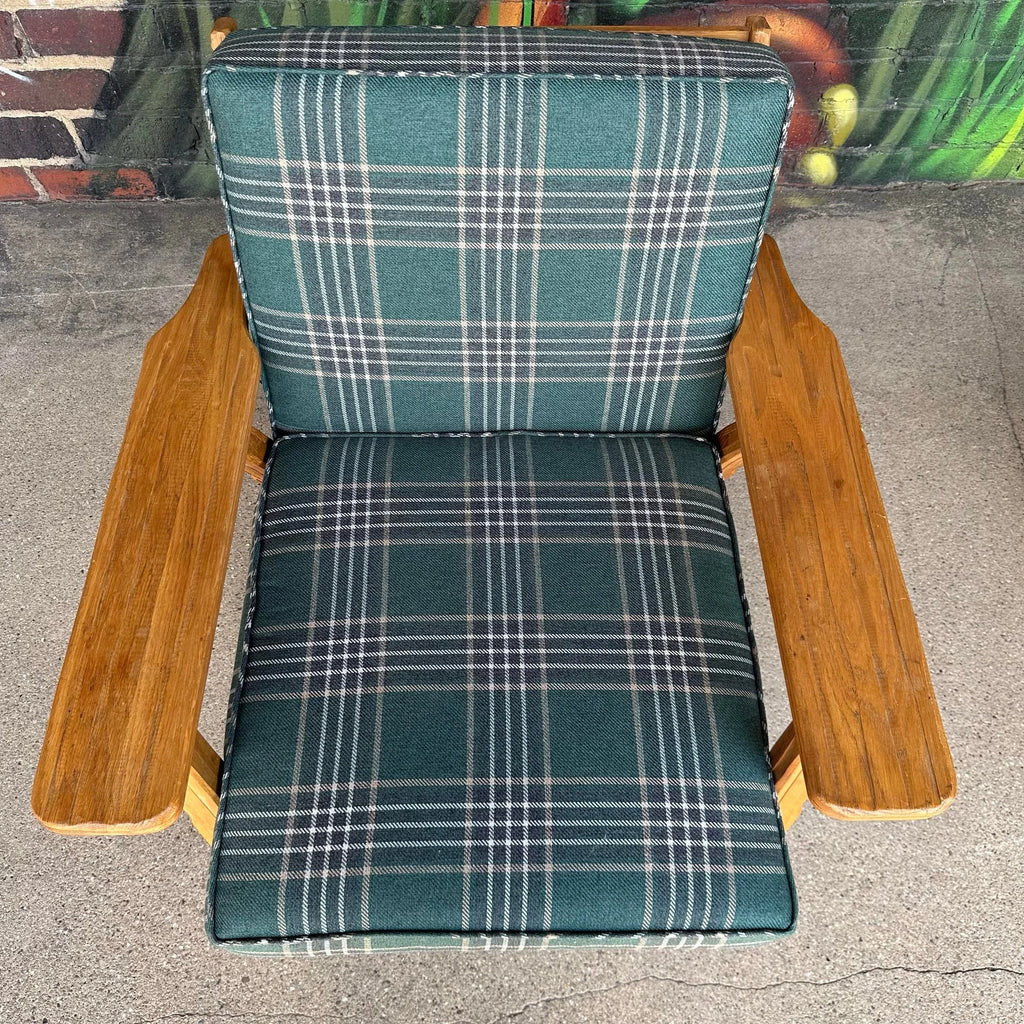 Pair of Ranch Oak Lounge Chairs Reupholstered in Plaid From Pindler