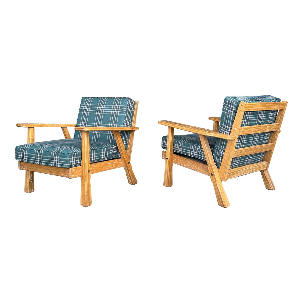 Pair of Ranch Oak Lounge Chairs Reupholstered in Plaid From Pindler