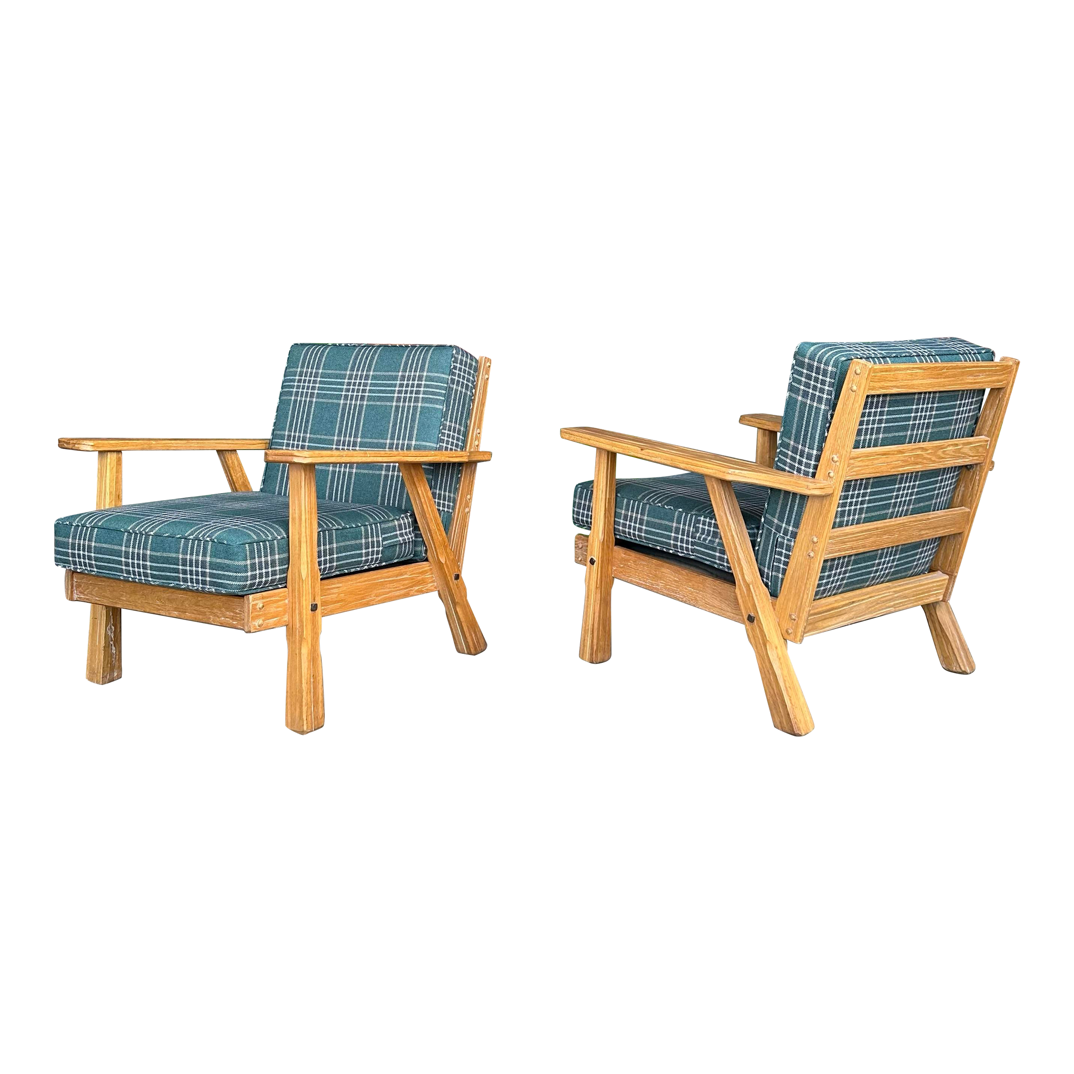 Pair of Ranch Oak Lounge Chairs Reupholstered in Plaid From Pindler