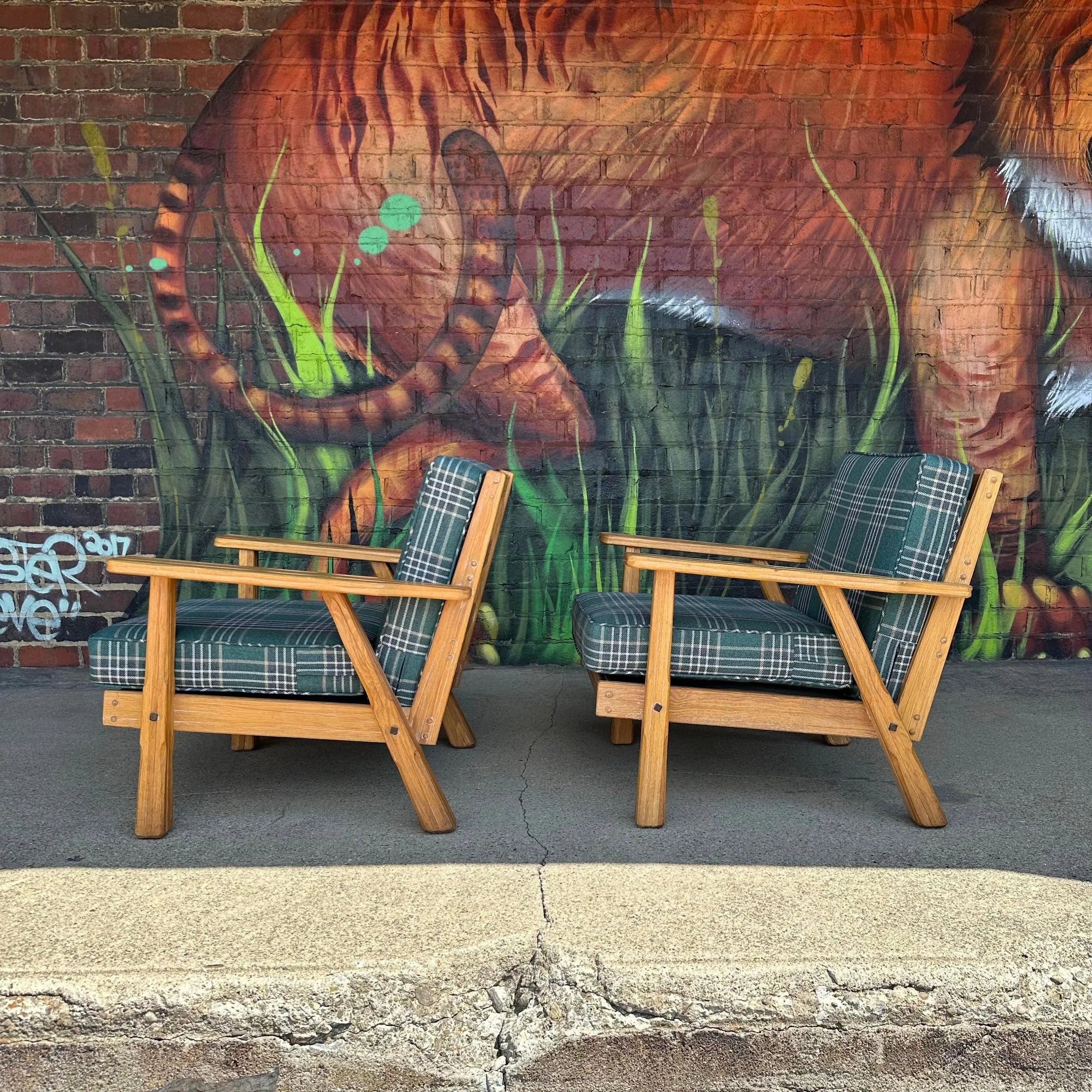 Pair of Ranch Oak Lounge Chairs Reupholstered in Plaid From Pindler