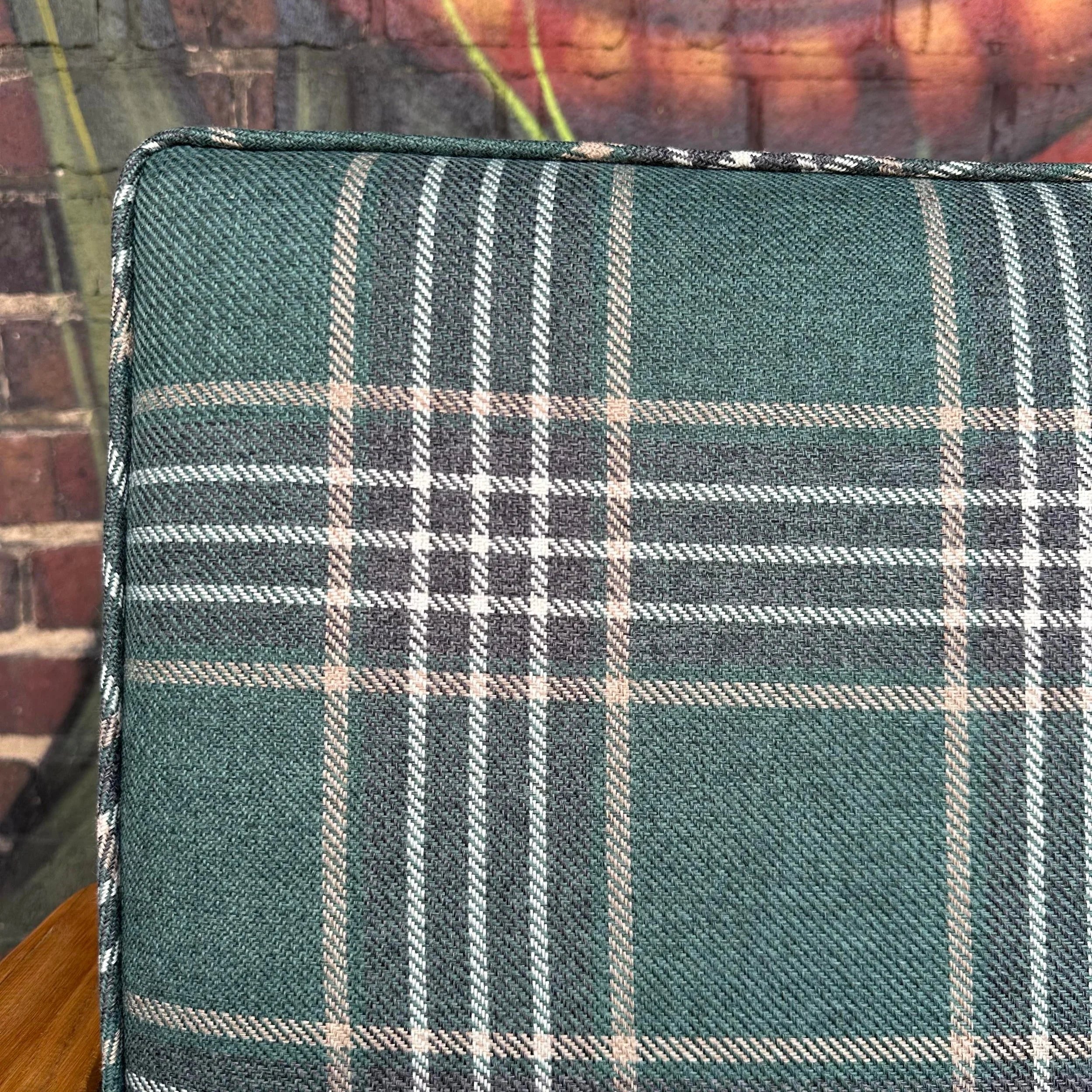 Pair of Ranch Oak Lounge Chairs Reupholstered in Plaid From Pindler