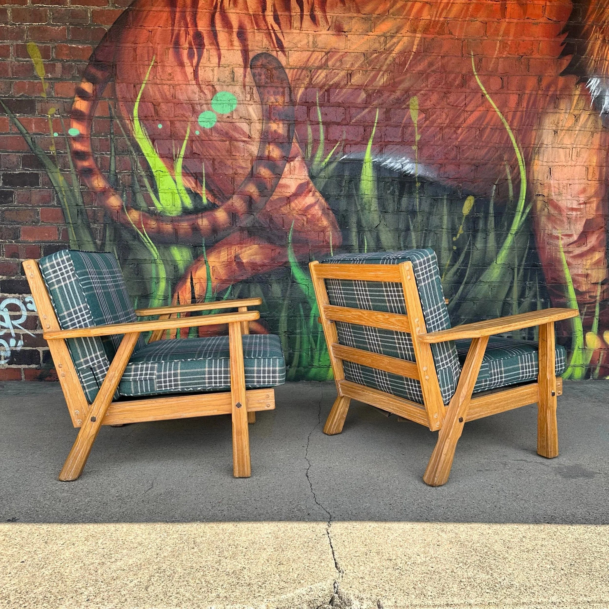 Pair of Ranch Oak Lounge Chairs Reupholstered in Plaid From Pindler