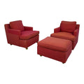 Pair of Red Edward Wormley for Dunbar Lounge Chairs With Ottoman