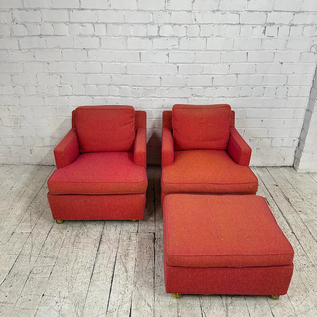 Pair of Red Edward Wormley for Dunbar Lounge Chairs With Ottoman