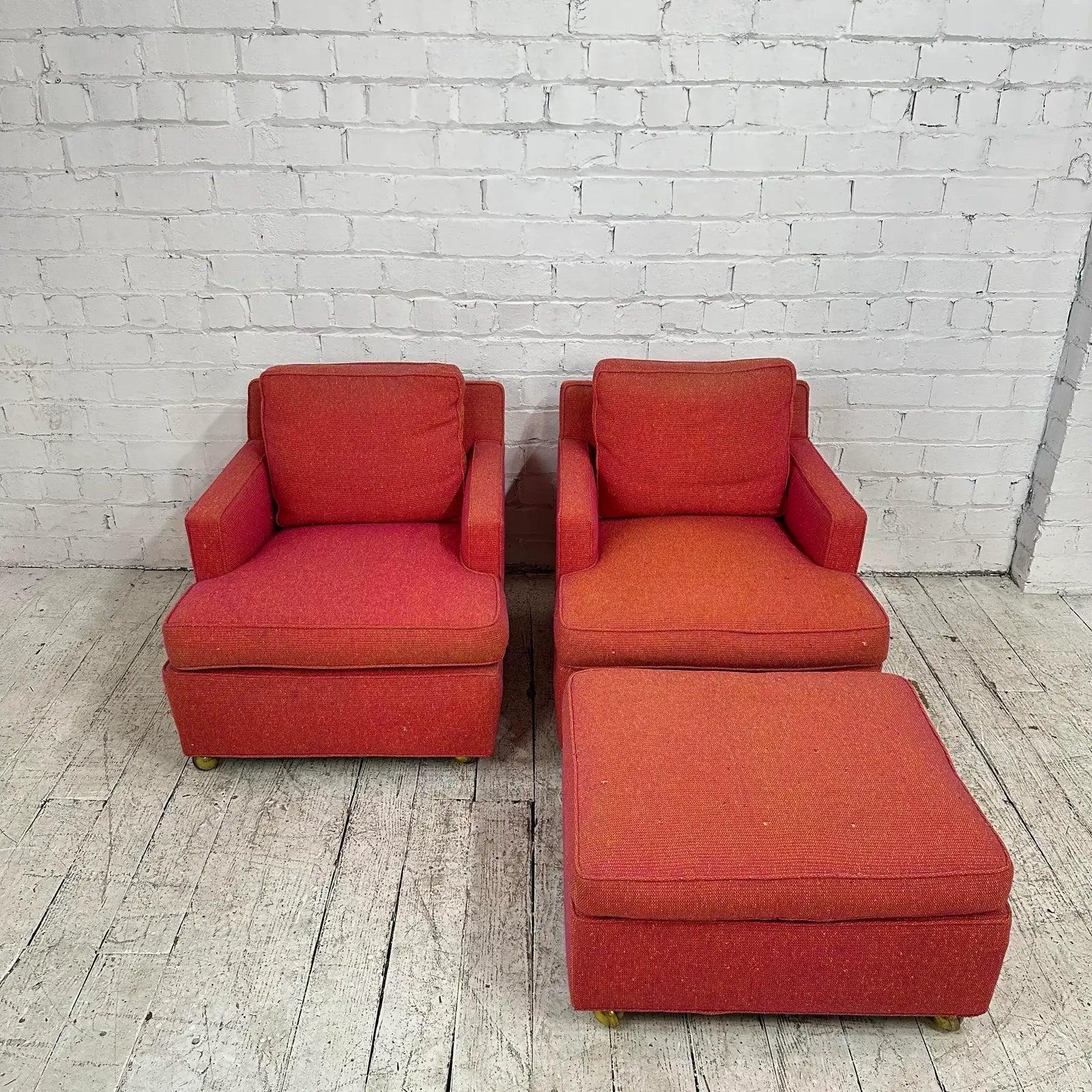 Pair of Red Edward Wormley for Dunbar Lounge Chairs With Ottoman