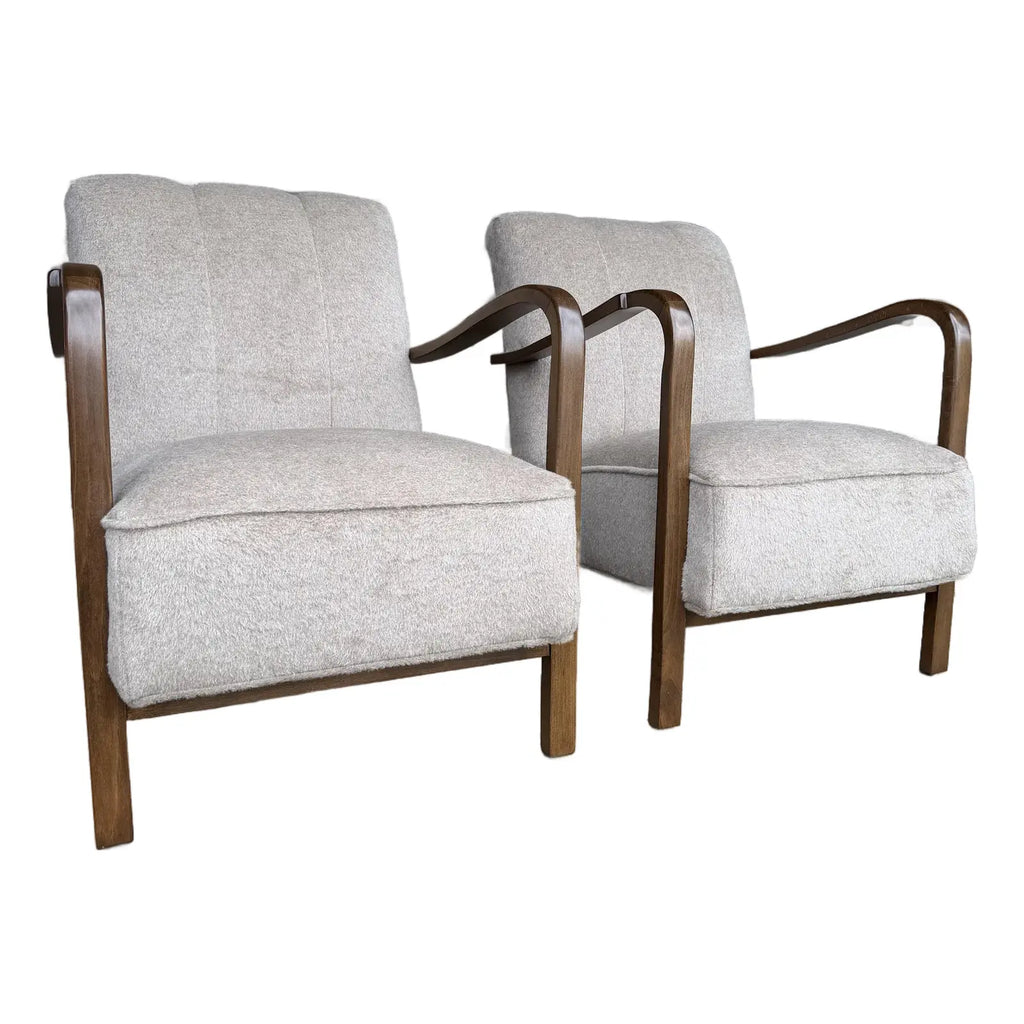 Pair of Restored European Modern Lounge Chairs in Teddy Mohair Style Fabric