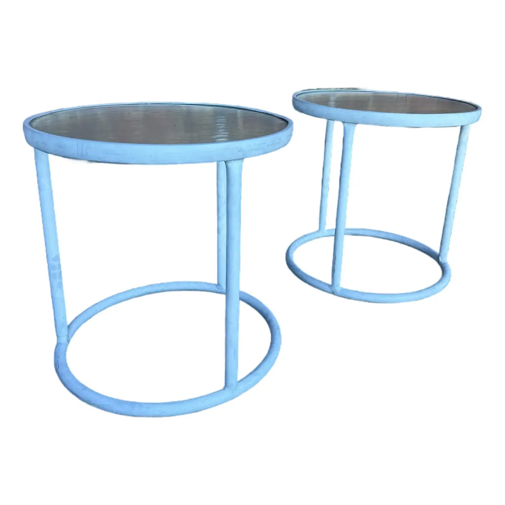 Pair of Round Aluminum and Glass Side Tables From Brown Jordan