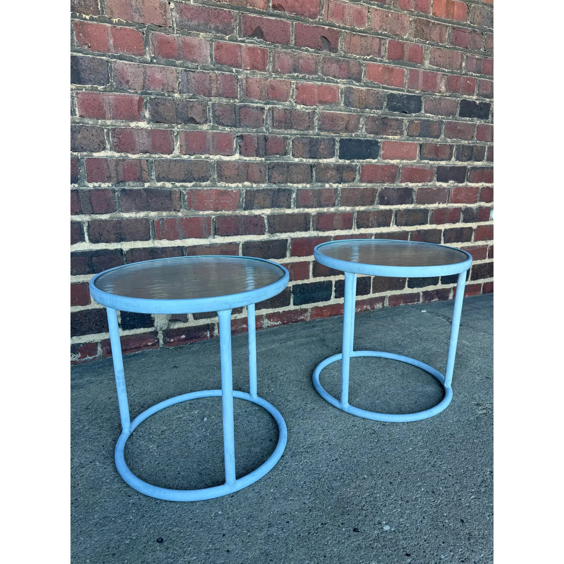 Pair of Round Aluminum and Glass Side Tables From Brown Jordan