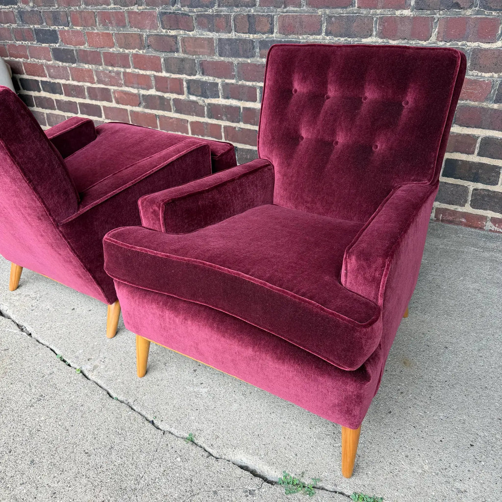 Pair of t.h. Robsjohn Gibbings Lounge Chairs Redone in Mohair.