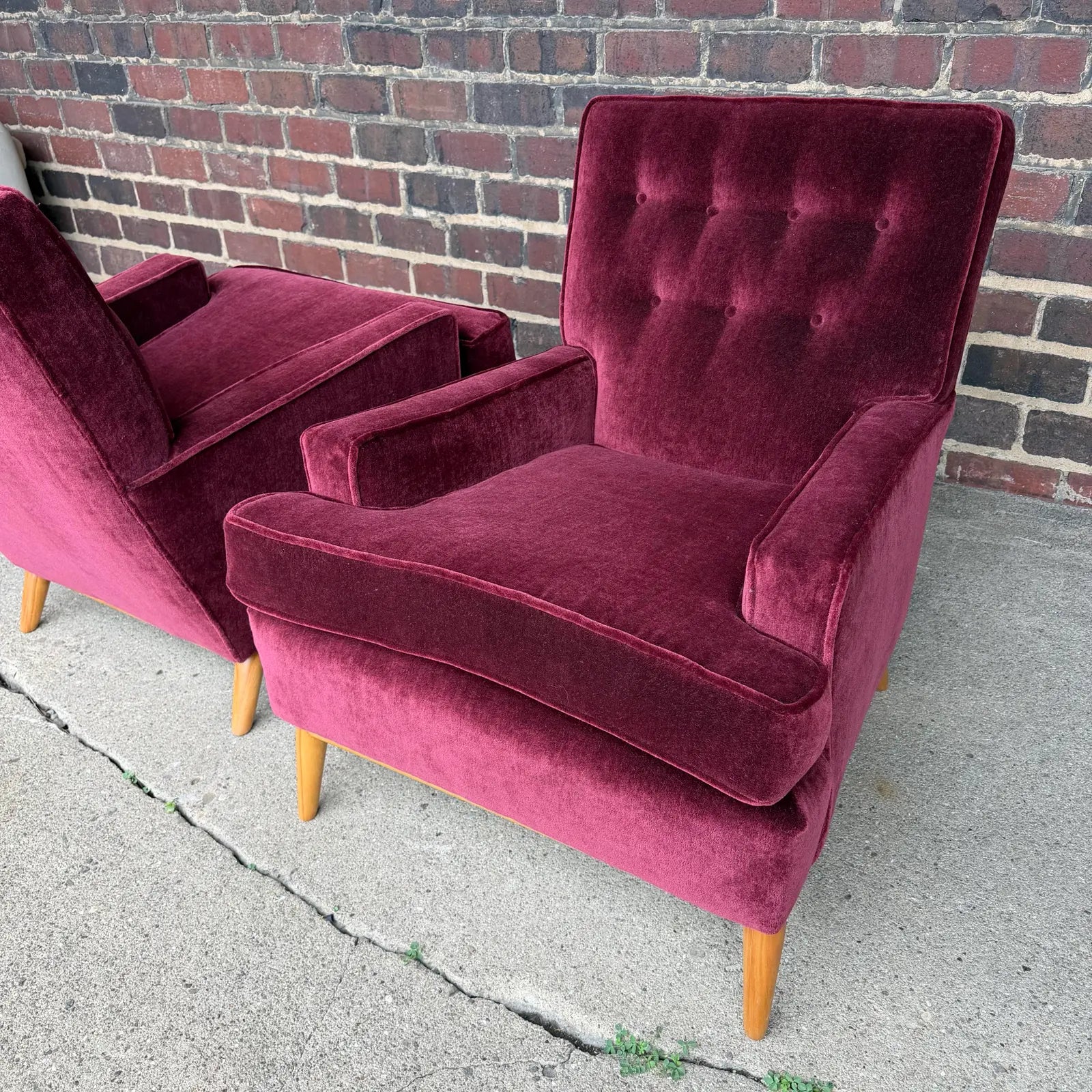 Pair of t.h. Robsjohn Gibbings Lounge Chairs Redone in Mohair.