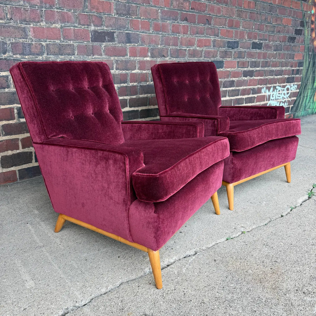 Pair of t.h. Robsjohn Gibbings Lounge Chairs Redone in Mohair.