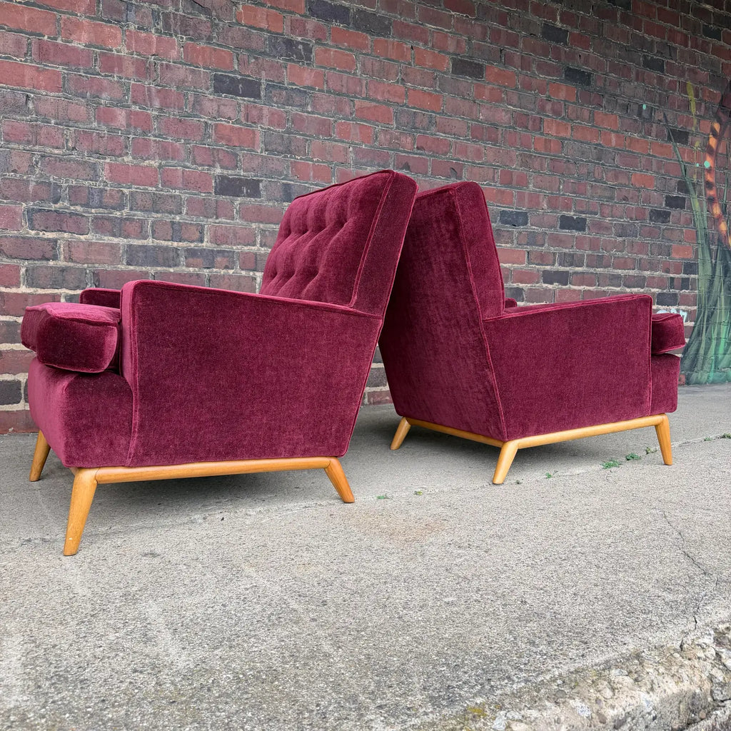 Pair of t.h. Robsjohn Gibbings Lounge Chairs Redone in Mohair.
