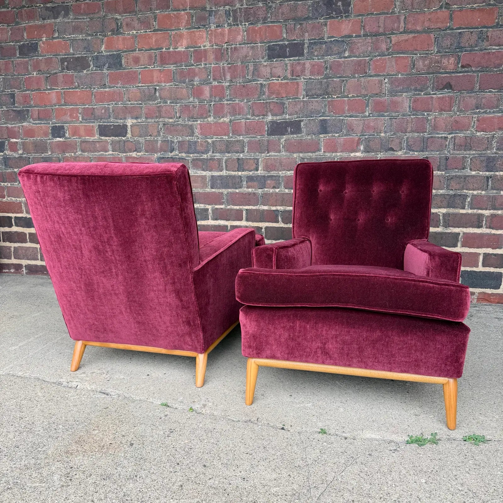 Pair of t.h. Robsjohn Gibbings Lounge Chairs Redone in Mohair.