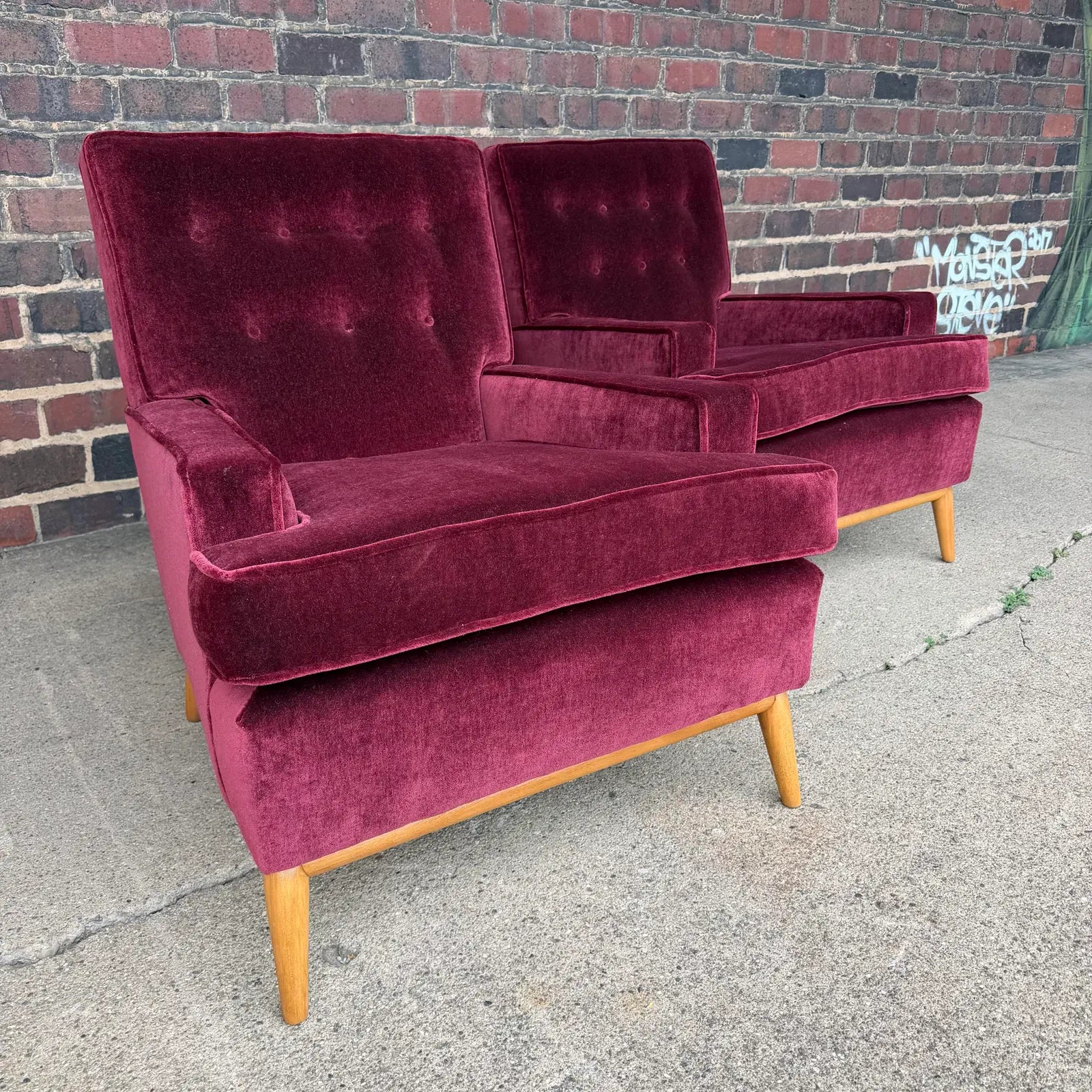 Pair of t.h. Robsjohn Gibbings Lounge Chairs Redone in Mohair.