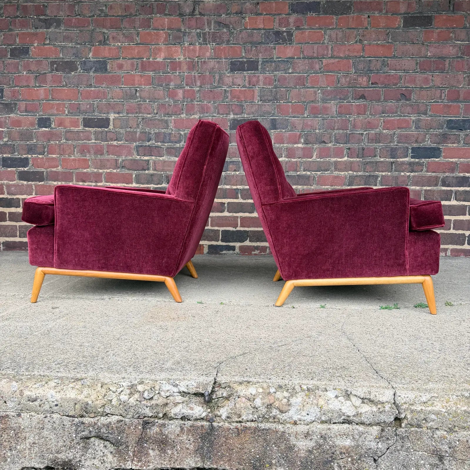 Pair of t.h. Robsjohn Gibbings Lounge Chairs Redone in Mohair.