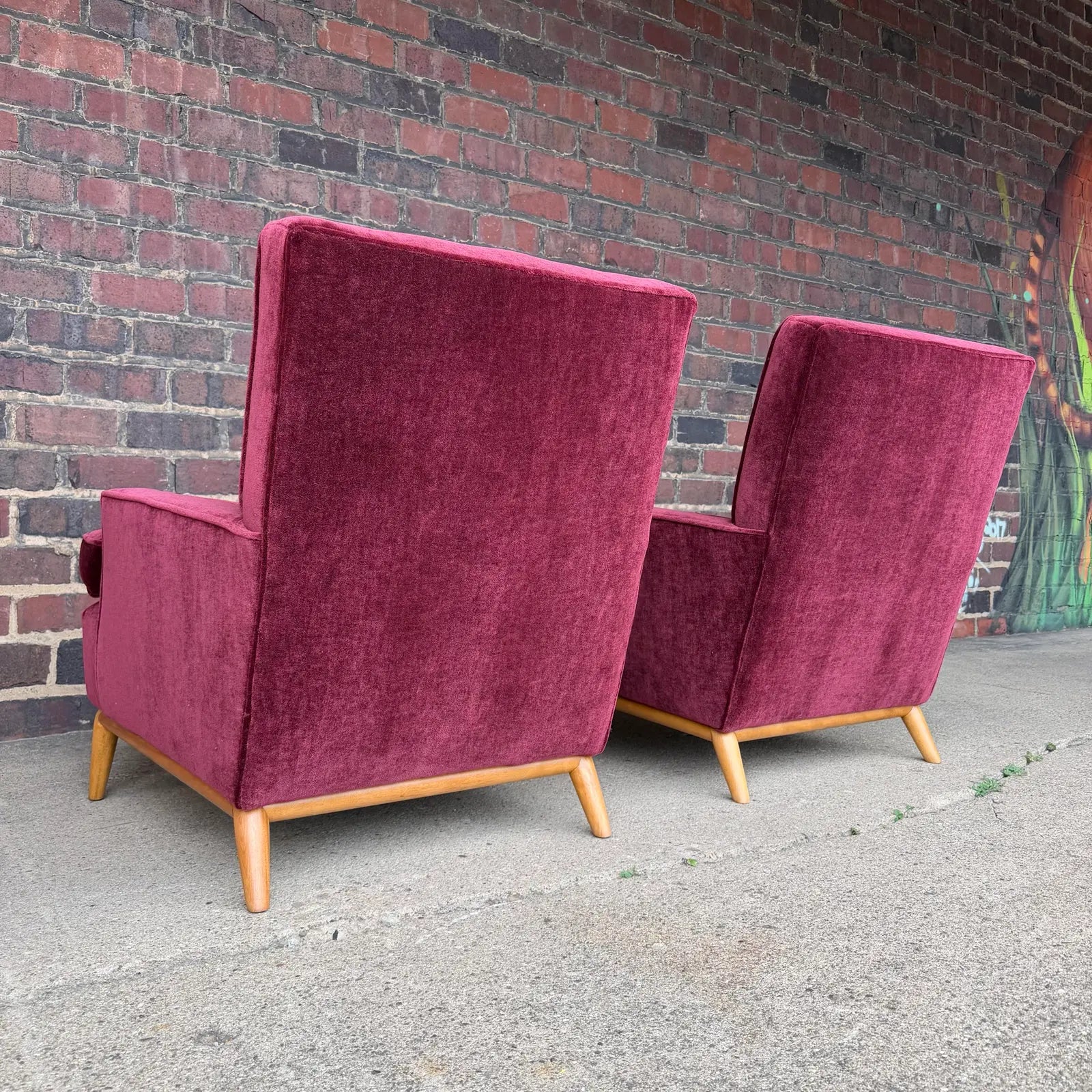 Pair of t.h. Robsjohn Gibbings Lounge Chairs Redone in Mohair.