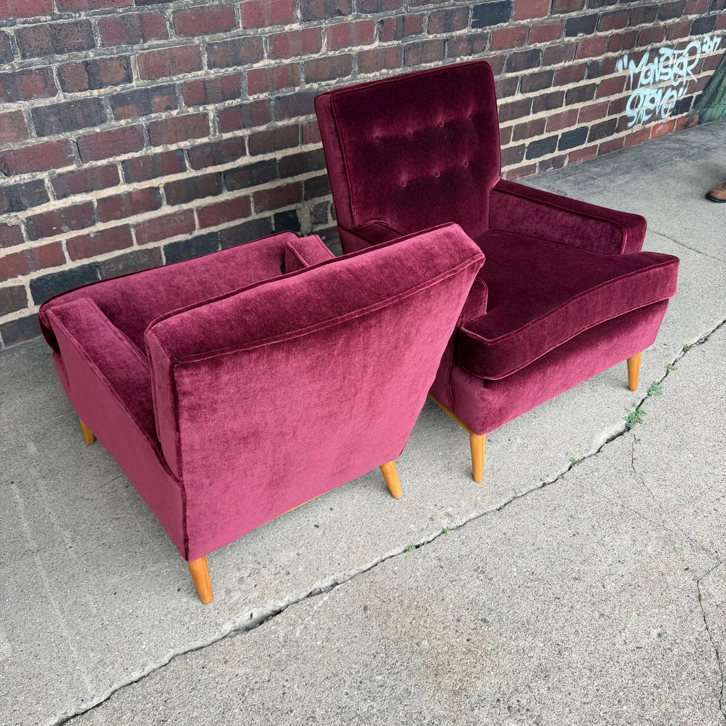 Pair of t.h. Robsjohn Gibbings Lounge Chairs Redone in Mohair.