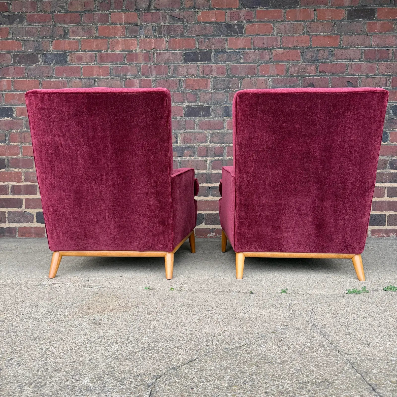 Pair of t.h. Robsjohn Gibbings Lounge Chairs Redone in Mohair.