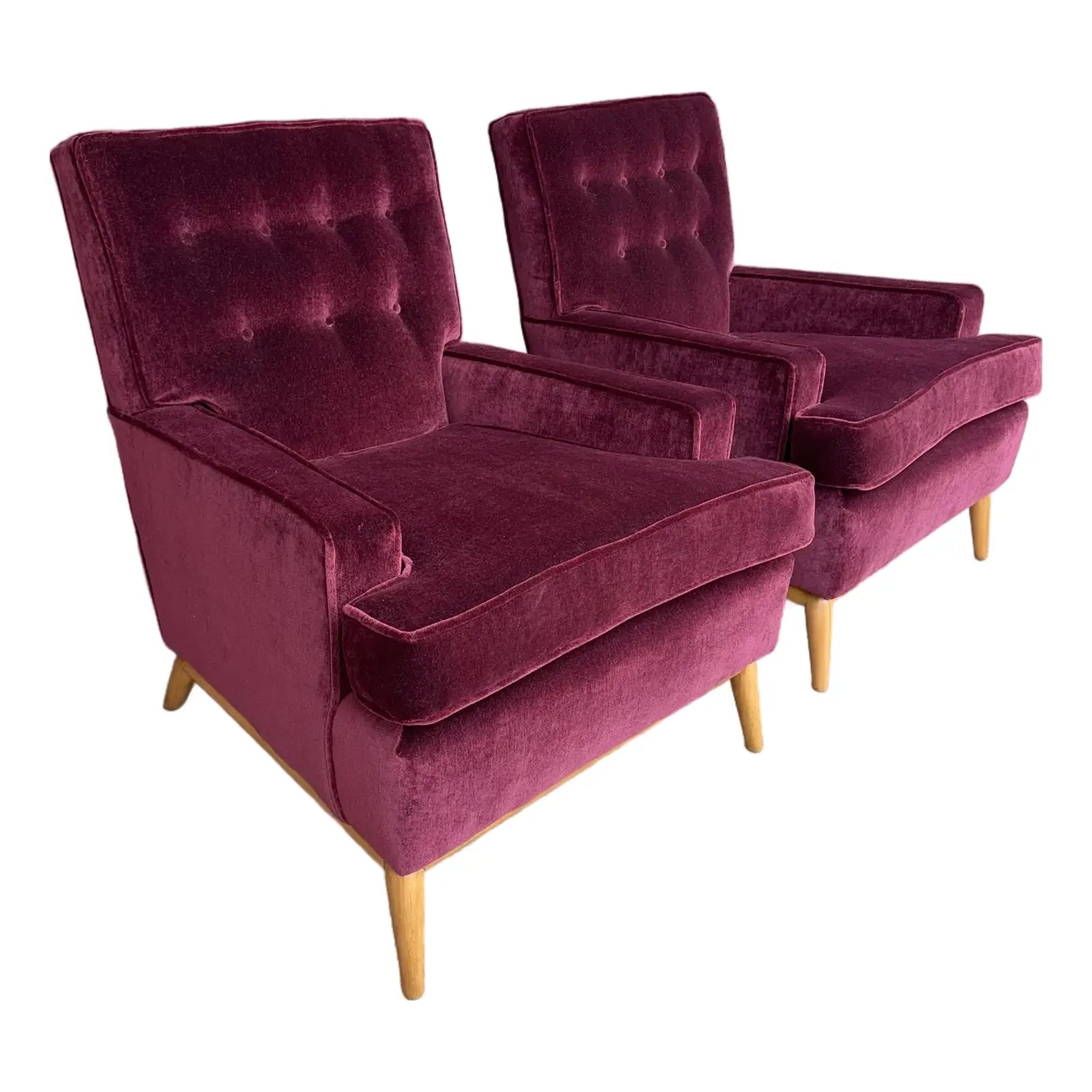 Pair of t.h. Robsjohn Gibbings Lounge Chairs Redone in Mohair.
