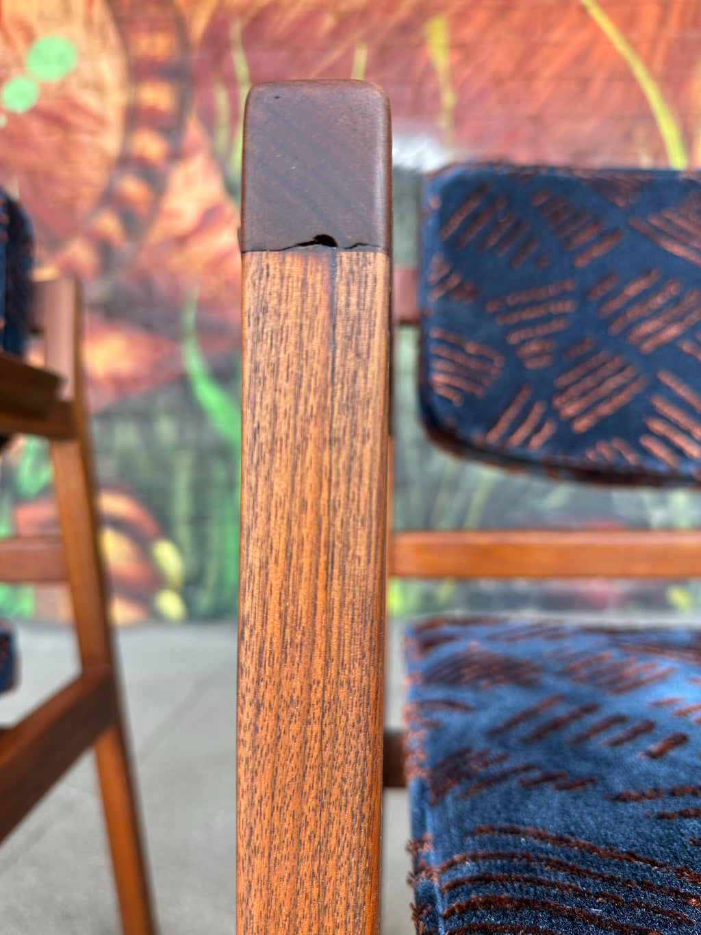 Pair of Walnut Jens Risom Arm Chairs Newly Upholstered in Jack Lenor Larsen Fabric
