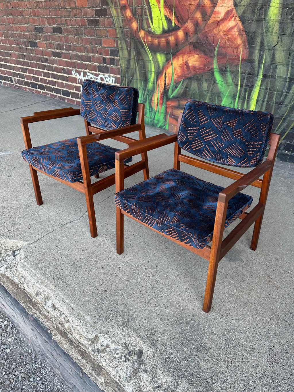 Pair of Walnut Jens Risom Arm Chairs Newly Upholstered in Jack Lenor Larsen Fabric