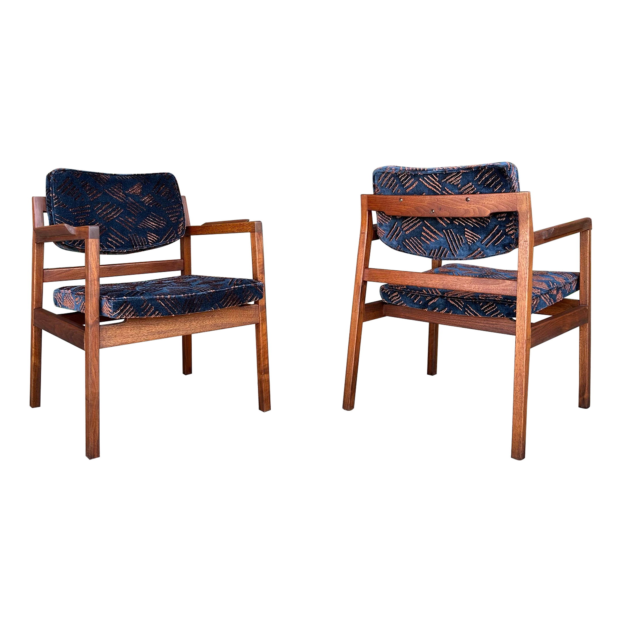 Pair of Walnut Jens Risom Arm Chairs Newly Upholstered in Jack Lenor Larsen Fabric