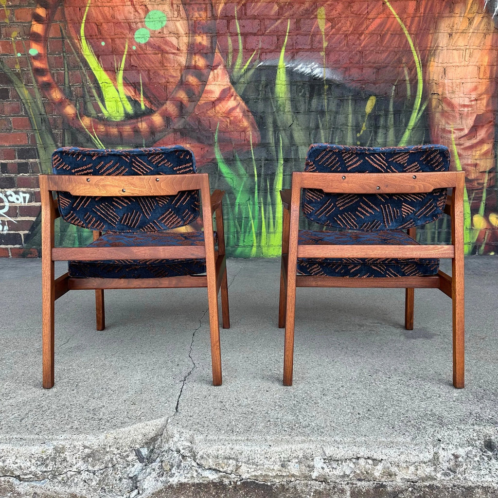 Pair of Walnut Jens Risom Arm Chairs Newly Upholstered in Jack Lenor Larsen Fabric