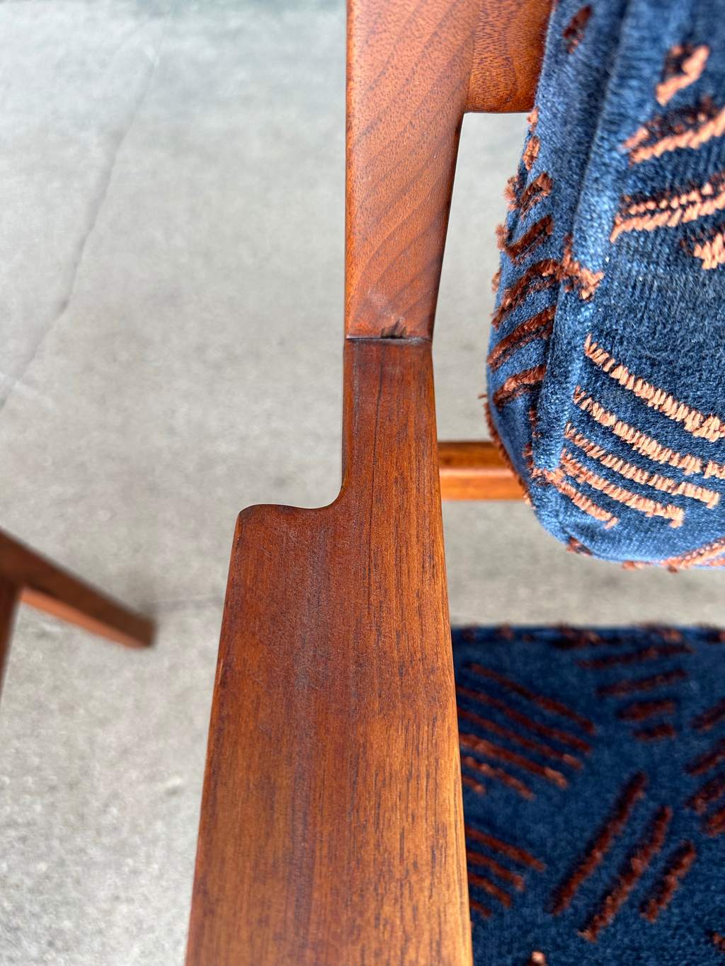 Pair of Walnut Jens Risom Arm Chairs Newly Upholstered in Jack Lenor Larsen Fabric
