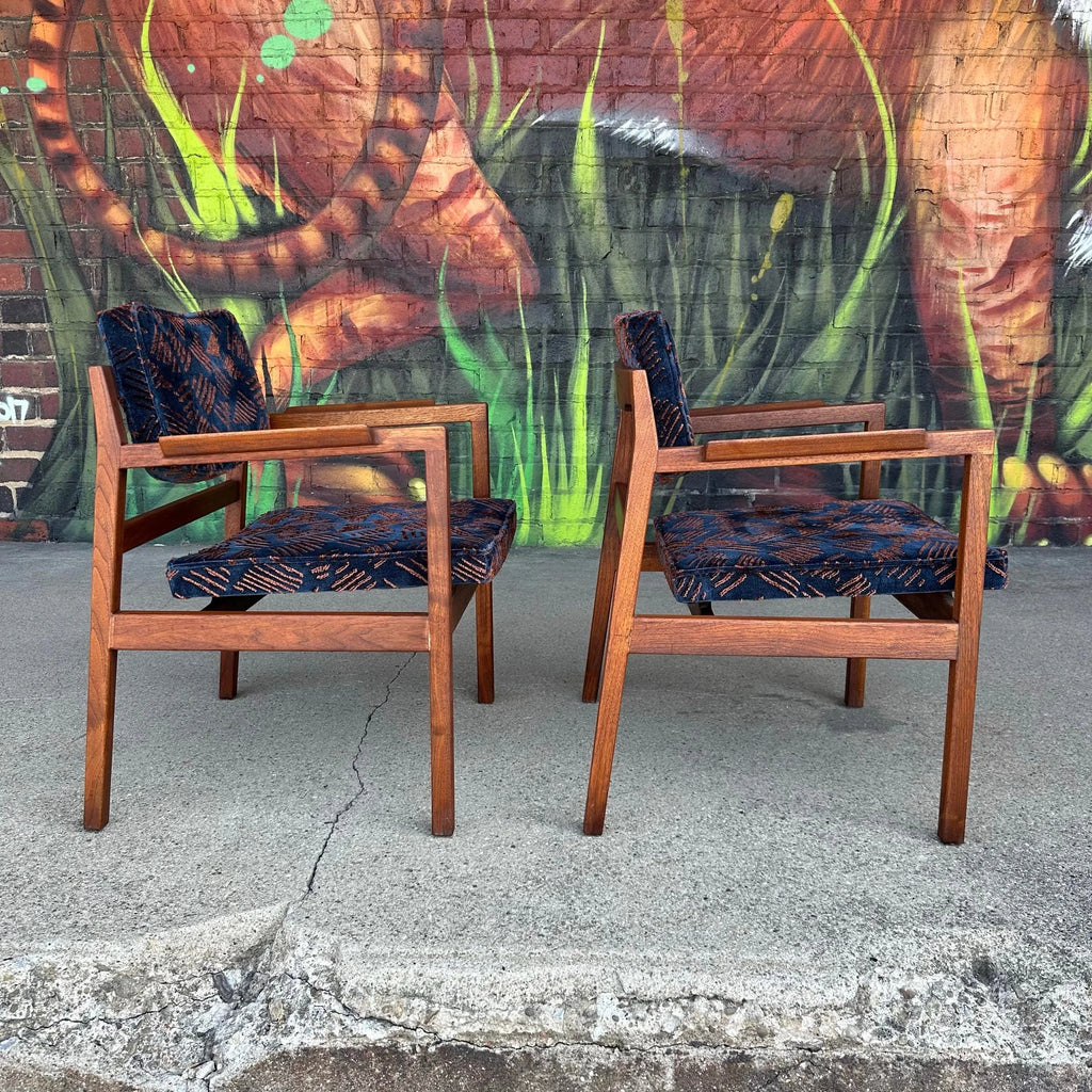 Pair of Walnut Jens Risom Arm Chairs Newly Upholstered in Jack Lenor Larsen Fabric