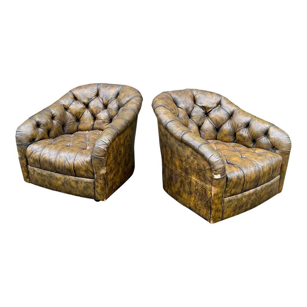Pair of Ward Bennett Brown Leather Chairs on Casters