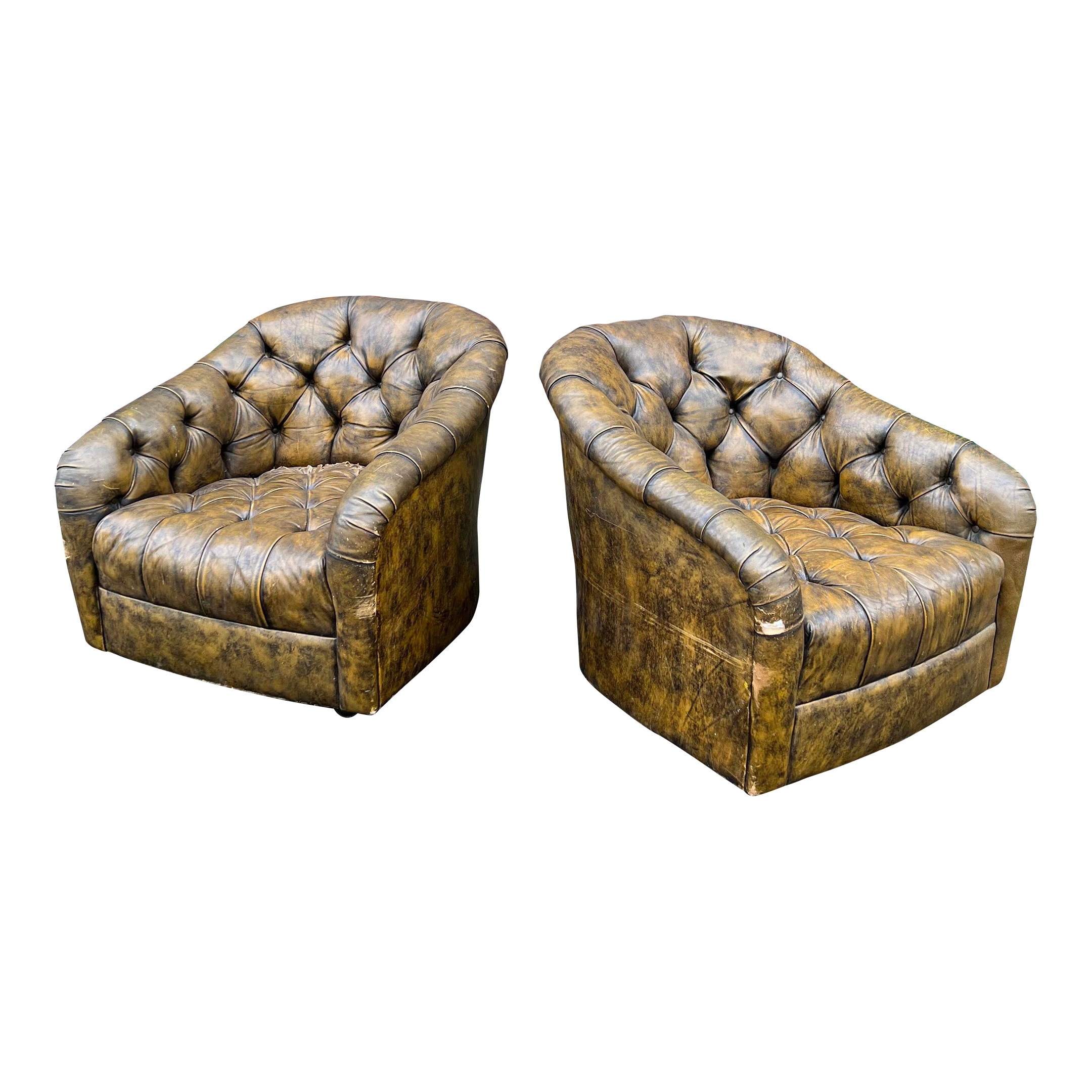 Pair of Ward Bennett Brown Leather Chairs on Casters
