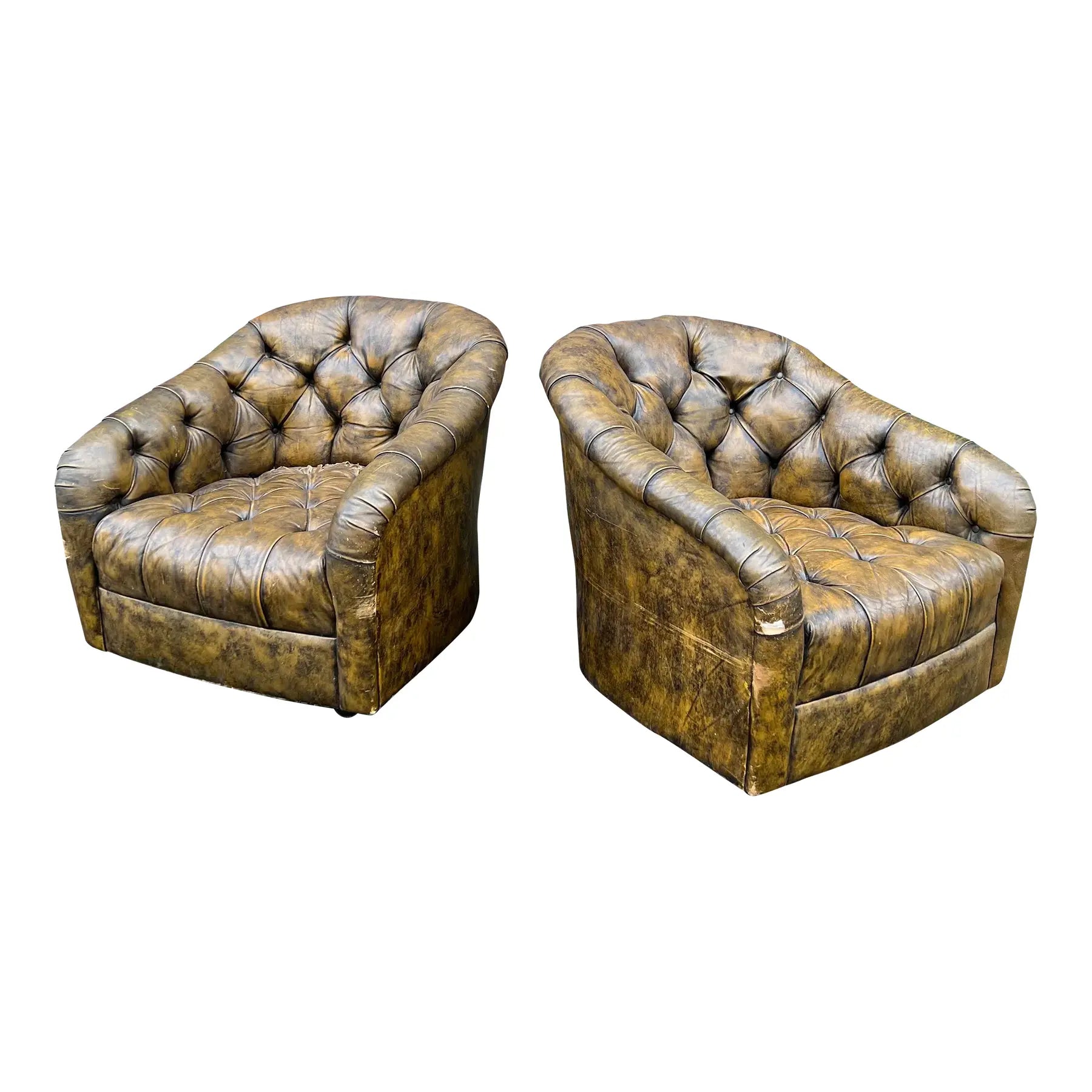 Pair of Ward Bennett Brown Leather Chairs on Casters