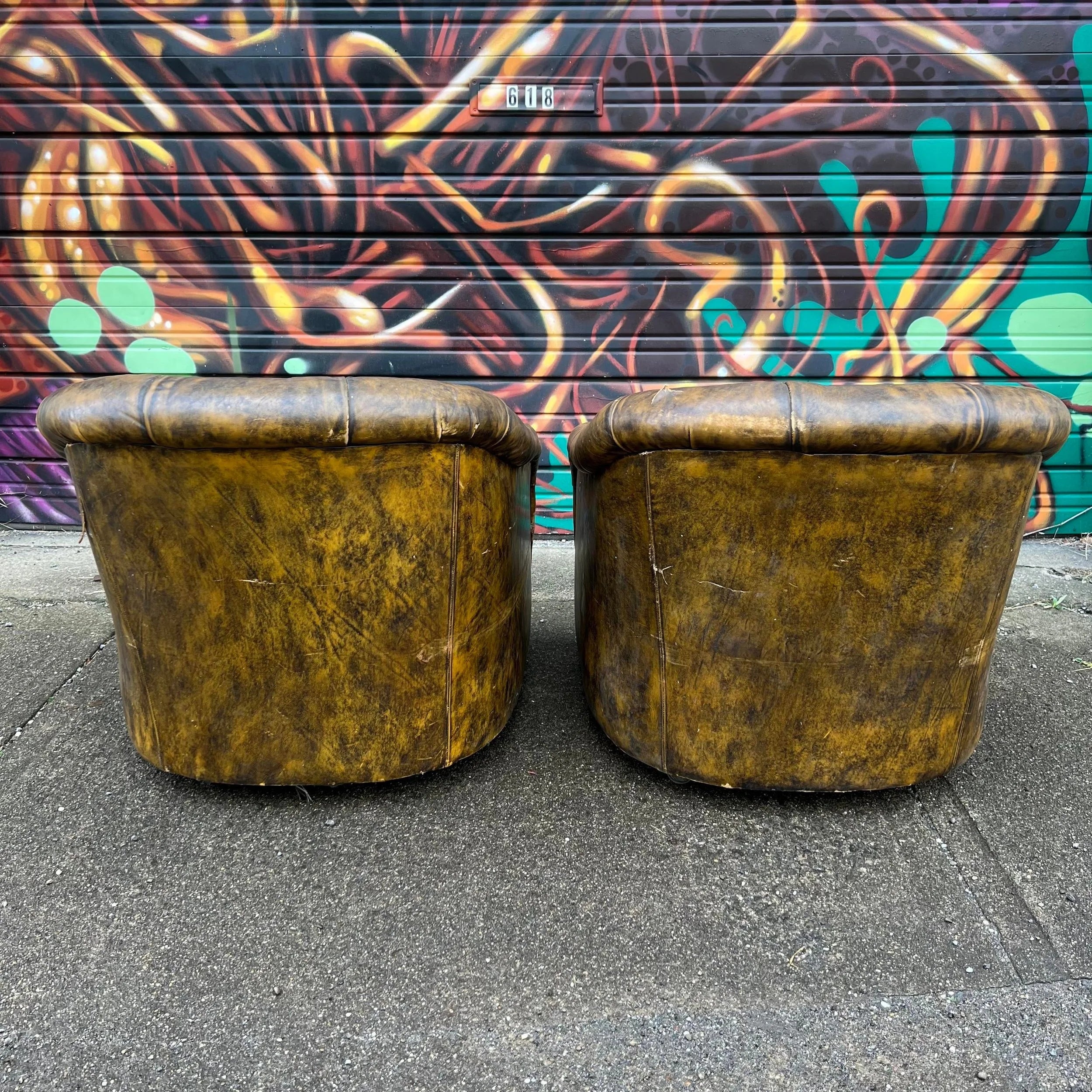 Pair of Ward Bennett Brown Leather Chairs on Casters
