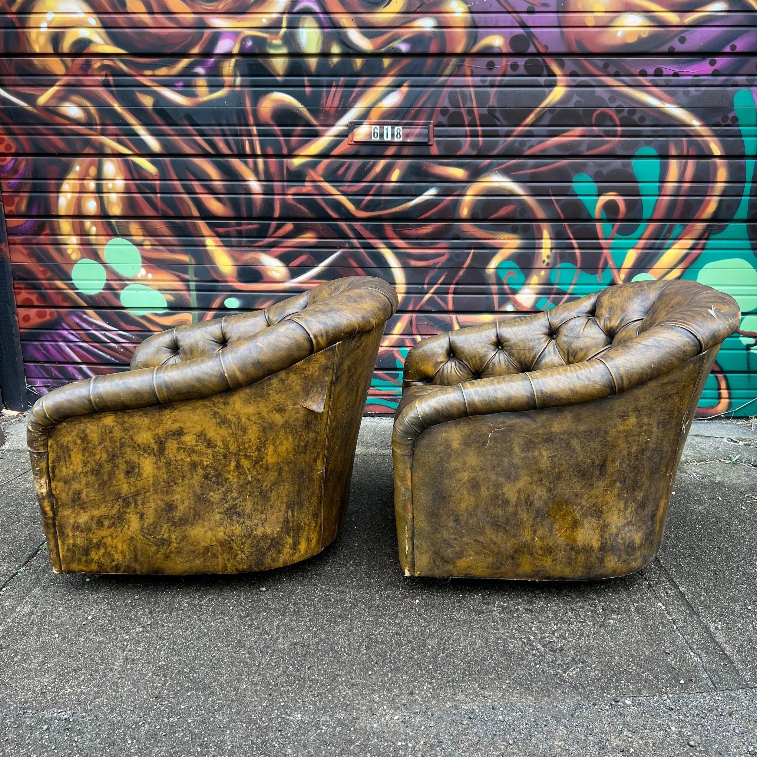 Pair of Ward Bennett Brown Leather Chairs on Casters