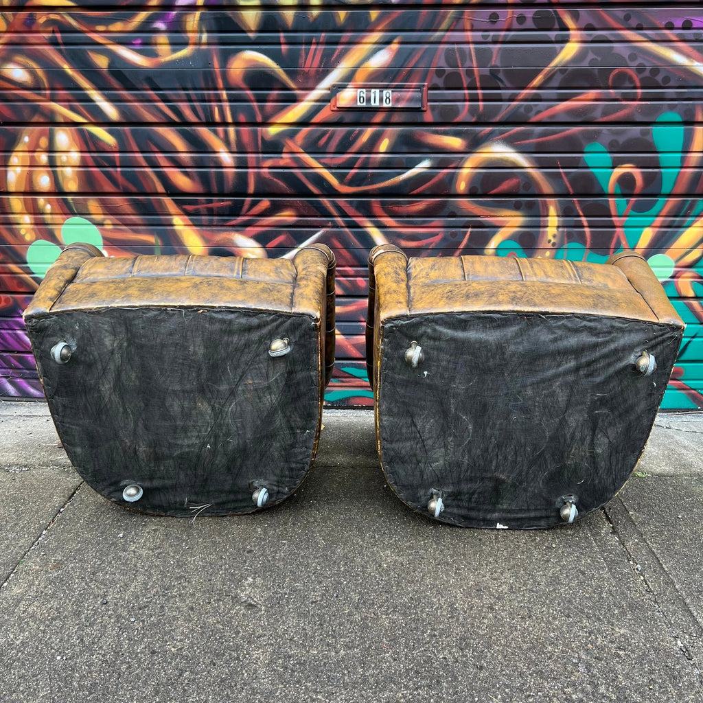 Pair of Ward Bennett Brown Leather Chairs on Casters