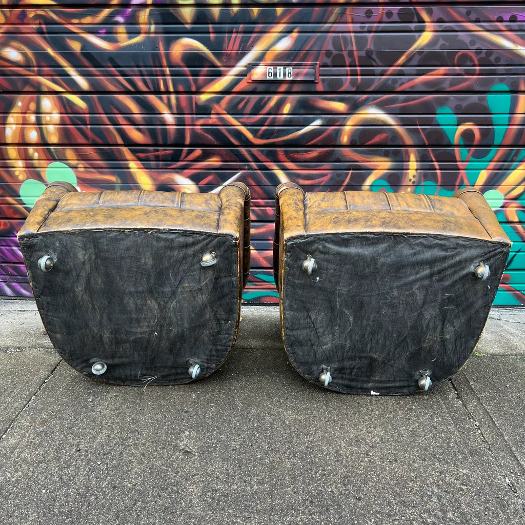 Pair of Ward Bennett Brown Leather Chairs on Casters